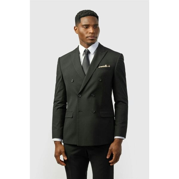Limehaus Slim Fit Black Stretch Double Breasted Suit Jacket