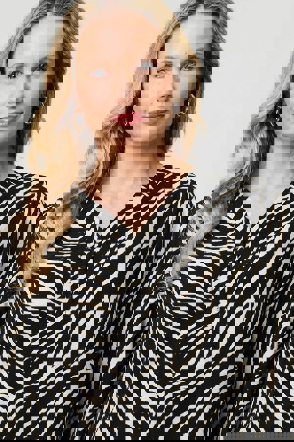 Black | Zebra Print V-Neck Long Sleeve Blouse
