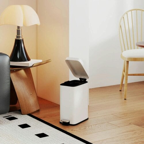 Bobobiy 5L Rectangular Compact Bin Steel Body Removable Bucket Quiet-Close Lid with Pedal Lid Rubbish Trash Can Office Bedroom Bathroom Living White