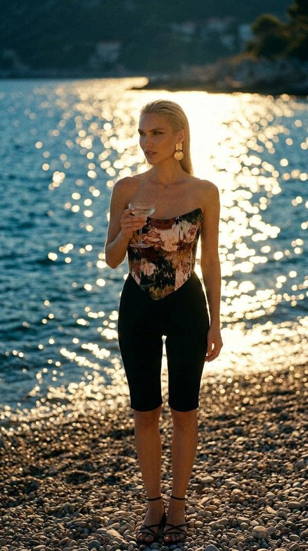 Wearing the Sarvin Ivy Corset Top, black shorts, and sandals, a woman stands on a rocky beach at sunset, holding a drink as sunlight glimmers on the water behind her.
