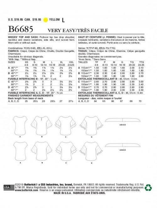 Butterick Sewing Pattern 6685, Tops for Women, Y (XSM-SML-MED) - Easy