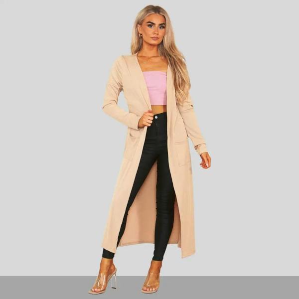 Elaina Fashion Women's Beige Comfy Plain Longline with Side Slits Long - Casual Cardigon Maxi Front Pockets, Long Sleeve