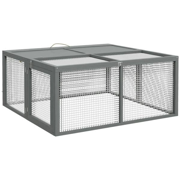 Grey folding rabbit hutch with wire mesh panels and openable top, side view