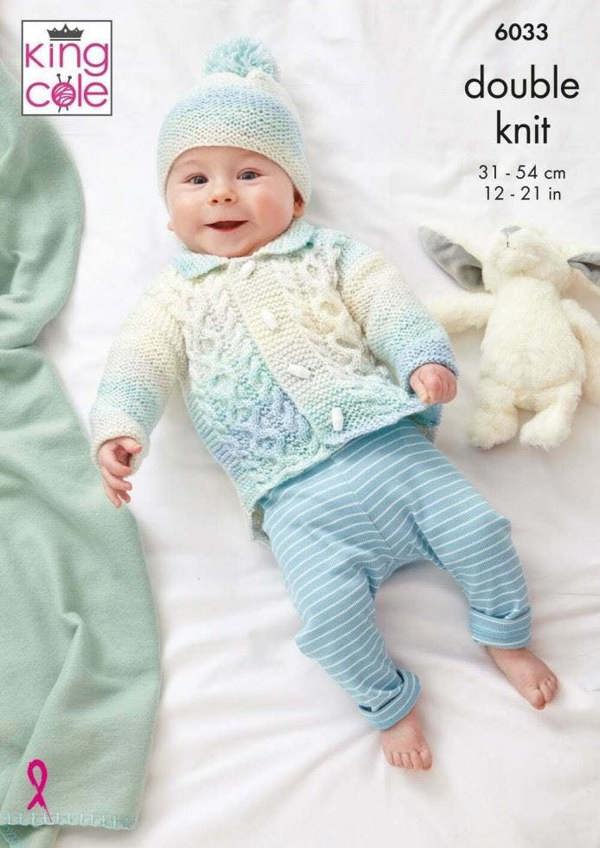 King Cole Cutie Pie DK Knitting Pattern 6033, Jackets, Sweaters, Cardigans, Headwear for Baby, 12 - 21 Inches