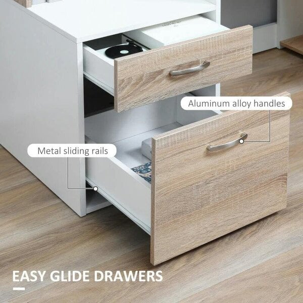 Bobobiy Computer Desk with Drawers and Storage Shelves, Office Desk Writing Table with Printer Stand, 137 x 55 x 92cm, Oak