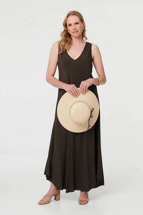 Brown | Polka Dot Textured Sleeveless Maxi Dress