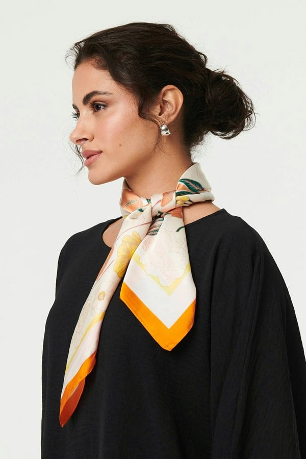 Orange | Floral Border Print Slim Square Scarf
