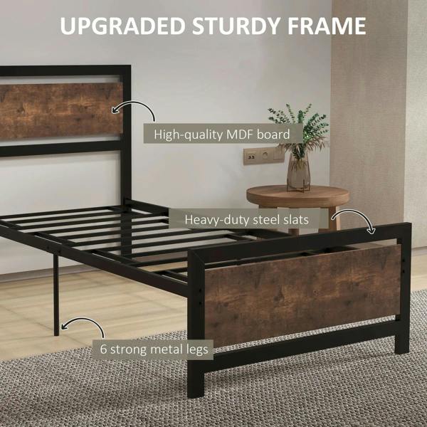Single metal bed frame with headboard, heavy-duty steel slats and drawer-style storage panel