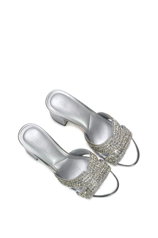 XY LONDON Sparkly Diamante Strappy Mid Block Heeled Sandal Mules