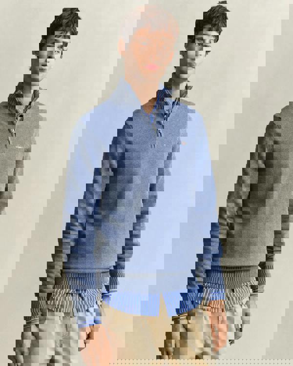 GANT Mens Casual Cotton Half Zip Jumper - 906 Denim Blue Melange