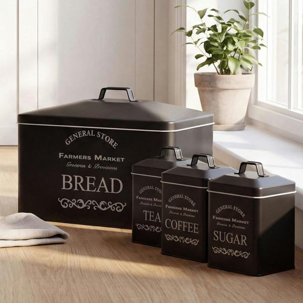Maison des Cadeaux Vintage Farmhouse 4 Piece Black Bread Bin & Canister Set