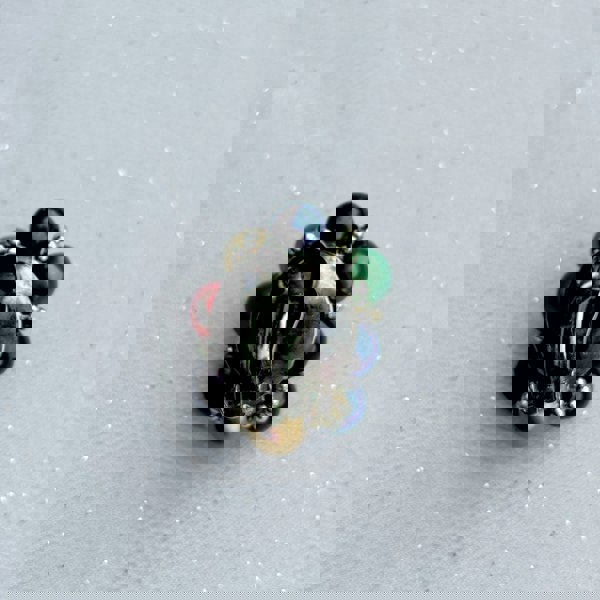 Statement clip-on earrings, multicolour bead cluster, red blue green and gold accents, silver-tone clip fastening, bold vintage-inspired jewellery
