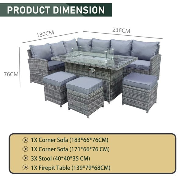 Furniture One 9 Seater Rattan Patio Dining Table Set with Table, Padded Corner Sofa, 3 Stool Outdoor Corner Sofa Set, All-Weather Patio Set