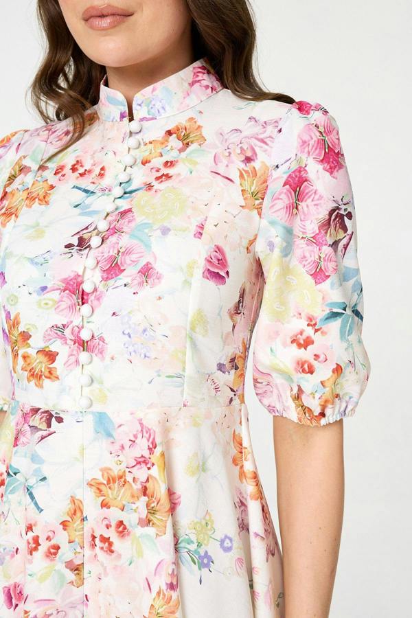 Cream | Floral 3/4 Sleeve High Neck Midi Dress