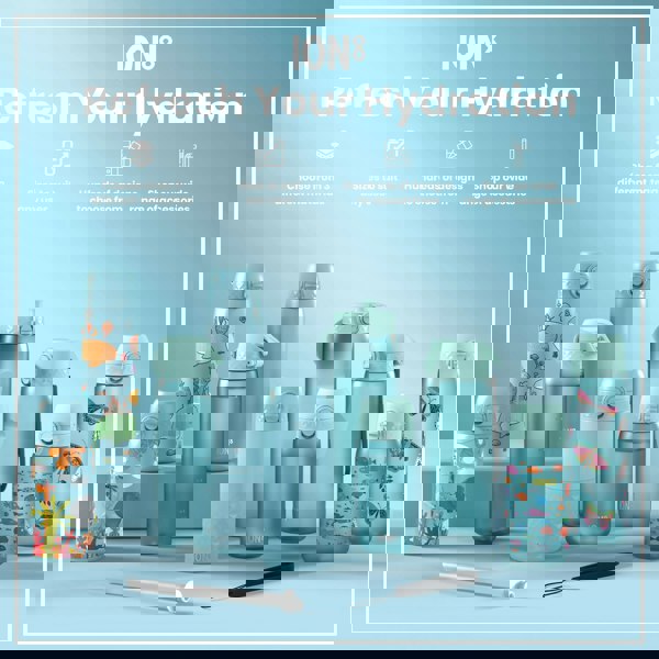 Several water bottles, in various sizes and designs, are displayed on a light blue surface. They are made from three different materials and feature numerous designs. Accessories are also available.