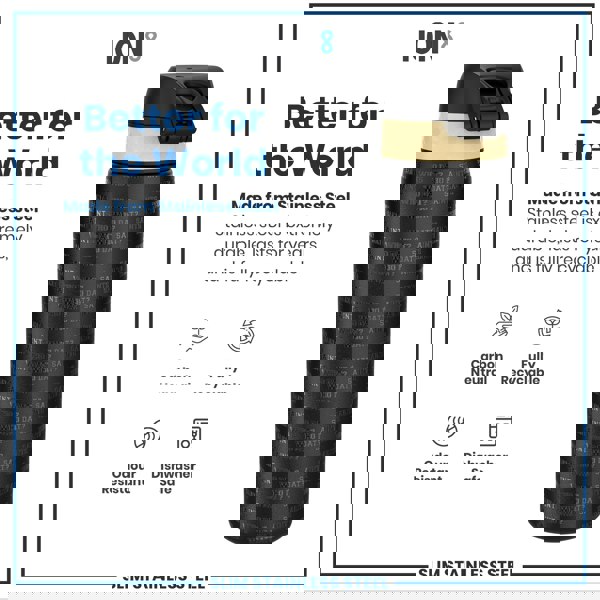 A stainless steel water bottle sits on a white background. The bottle is black with a beige band and features repeated text: "Saints Who Dat?". Marketing copy highlights its durability, recyclability, and other features.