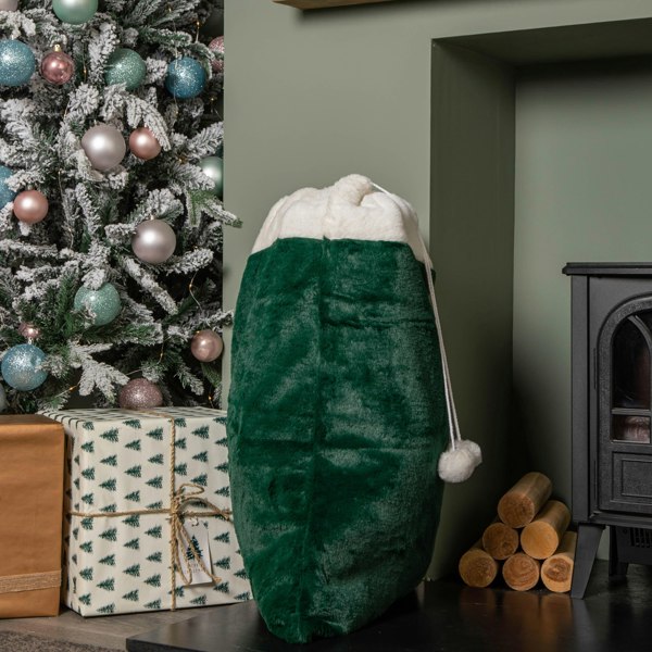 Samuel Alexander 80x55cm Green Christmas Sack with White Cuff and Pom Poms