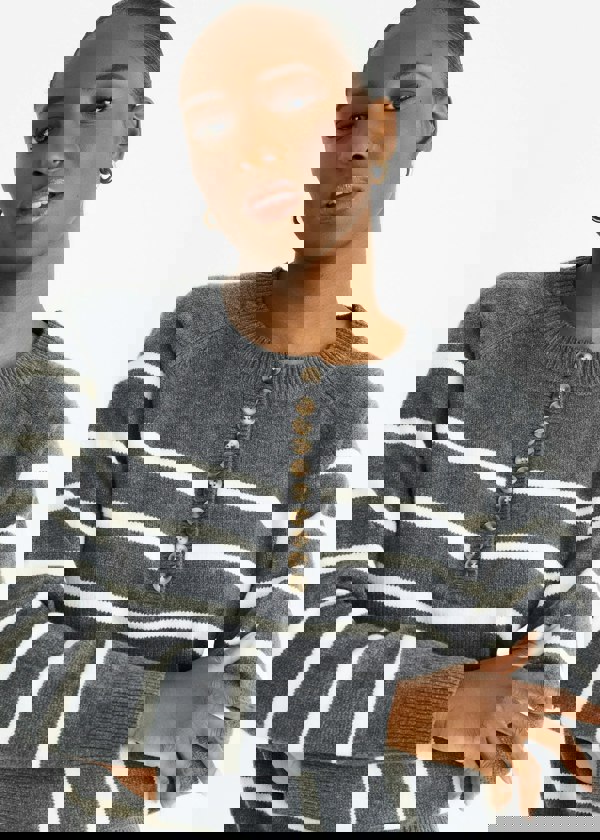 Gini London Grey Recycle Stripe Button Up Loose Fit Knit Jumper