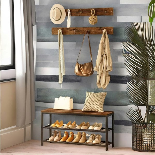 Rafaelo Mobilia Hallway Shoe Bench Set with 9 Hooks and Shelf