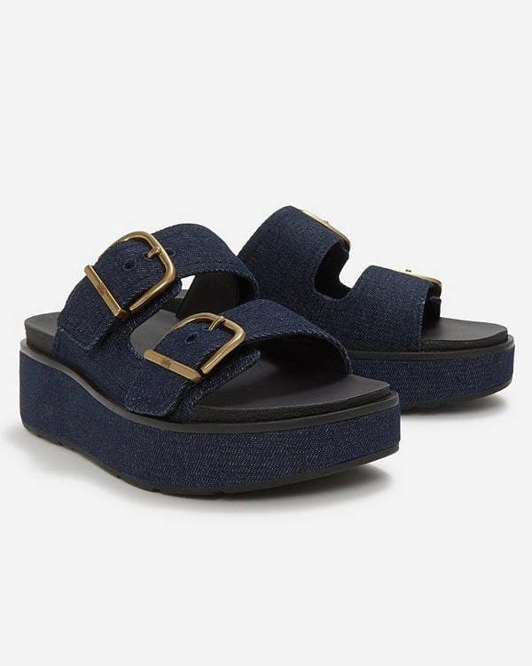 FitFlop Womens GEN-FF Max Buckle Two-Bar Denim Slides - Dark Denim D71 | CHO | Designer Womens Sandals