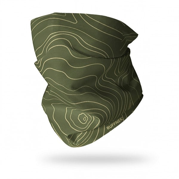 Mountains Contours RUFFNEK® snood in green, ideal for hiking, cycling, skiing, and outdoor wear.  #HikingGear #CyclingStyle #HikingAdventures