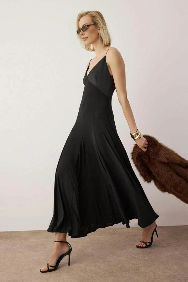 WOVCOR Knit Satin Detailed Maxi Unlined Evening Dress