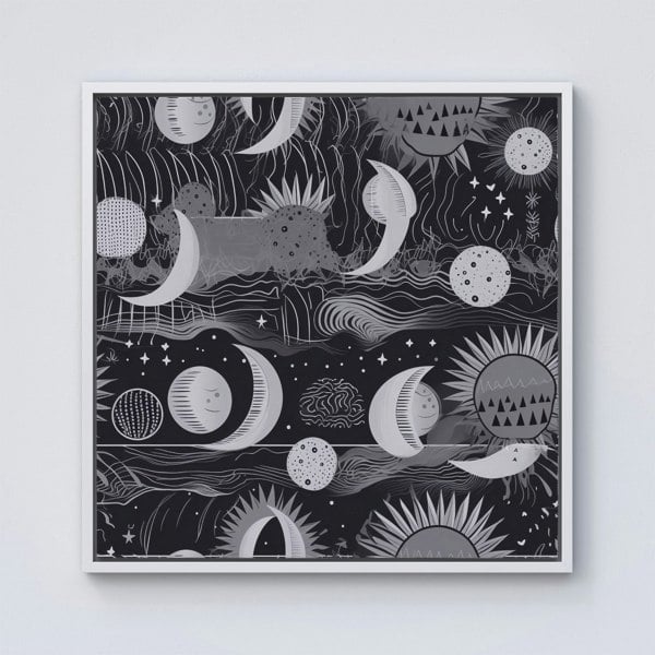 Warren Reed Abstract Black White Moon and Sun Framed Canvas