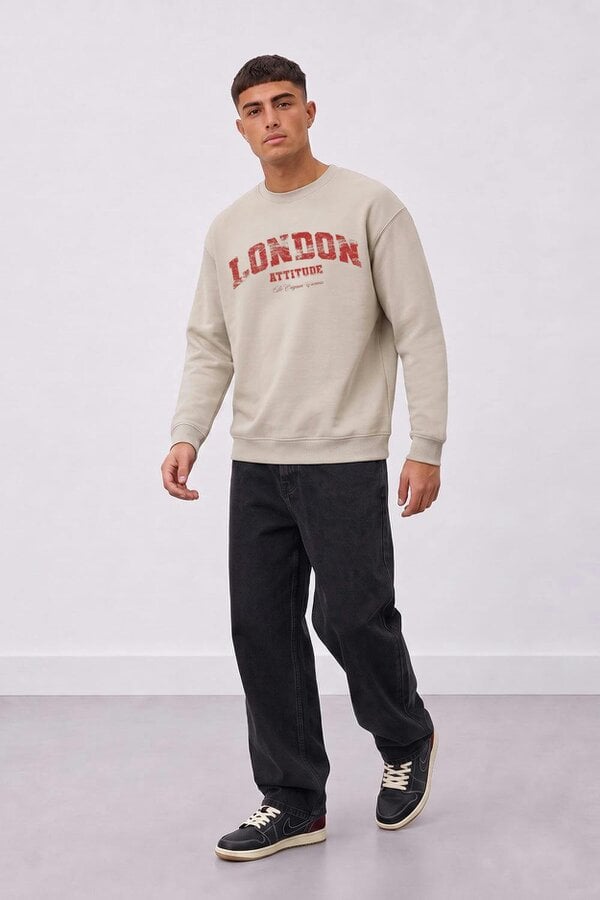 London Attitude Relaxed Fit Collegiate Graphic Sweatshirt in Red - Stone