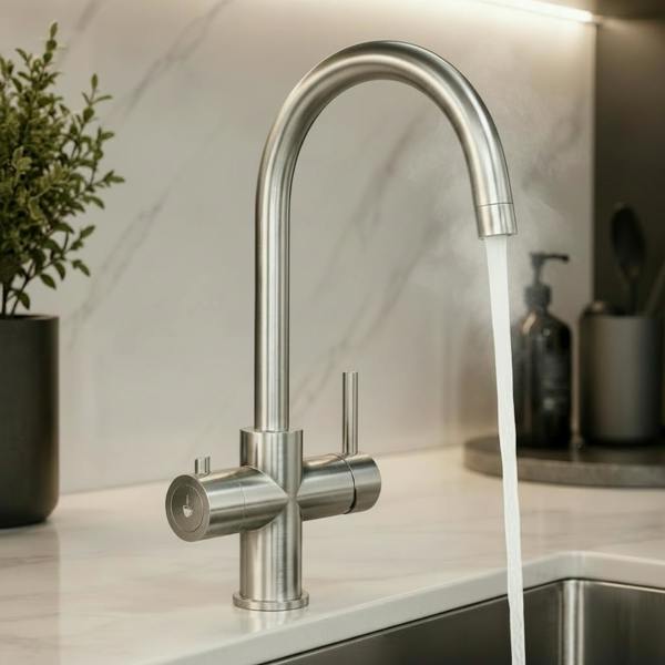 Modern brushed steel 3-in-1 boiling water tap in a modern high end kitchen, with boiling water pouring 