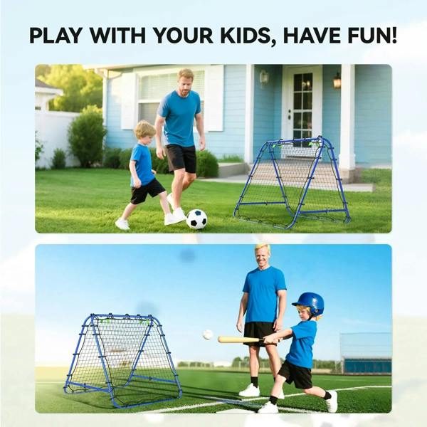 Blue football rebounder goal net with net panel and rounded frame feet