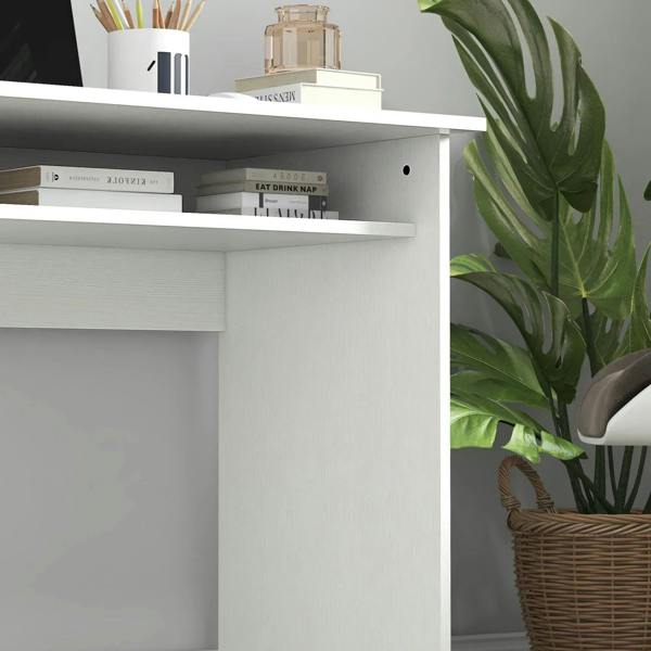 White wood-grain desk with open upper shelf and recessed cabinet space