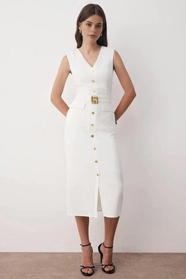 WOVCOR Midi Woven Dress with Belted Accessory Detail