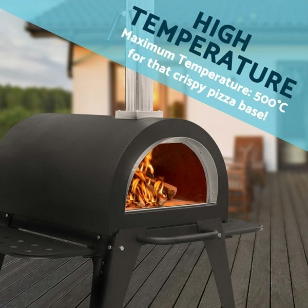 14" Outdoor Wood-Fired Pizza Oven & Smoker - Black Steel - Side Shelves & Stand - LoopsDirect