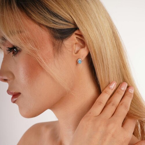 Spero London Sterling Silver Oval Blue Opal Halo Stud Earrings