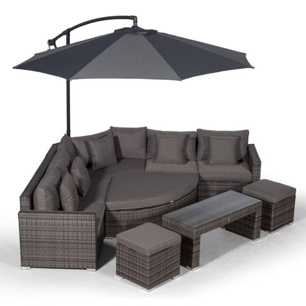 Giardino Santorini L Shape Modular 5 Seat Rattan Corner Sofa Set With Daybed Ottoman, Large Coffee Table & 2 Stools