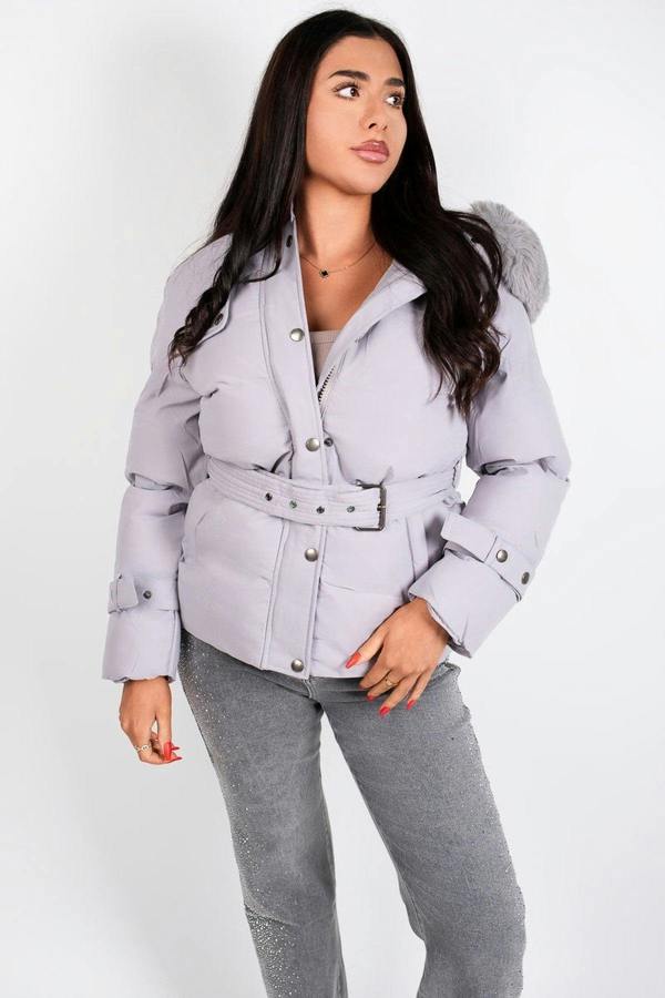 Serelina Belted Puffer Jacket With Faux Fur Hood - Beige
