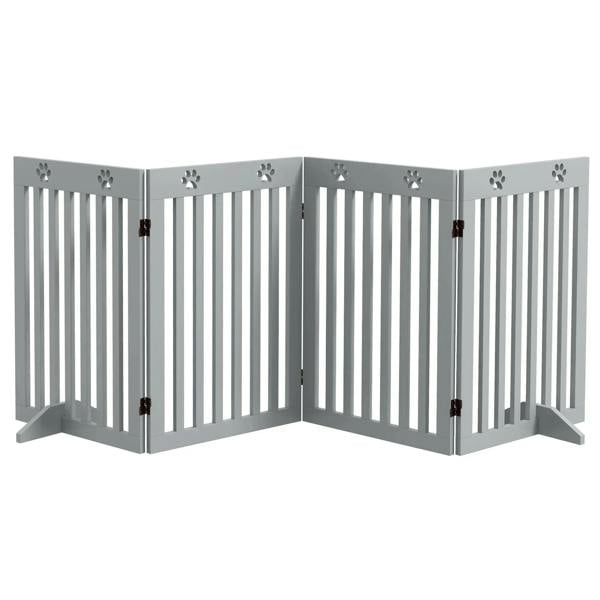 Grey foldable wooden pet gate, freestanding corner with paw cutouts and vertical slats