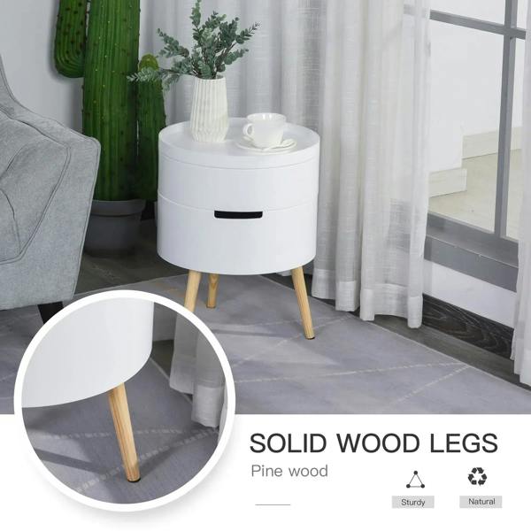 White round side table with solid pine wood legs and black recessed handle slot