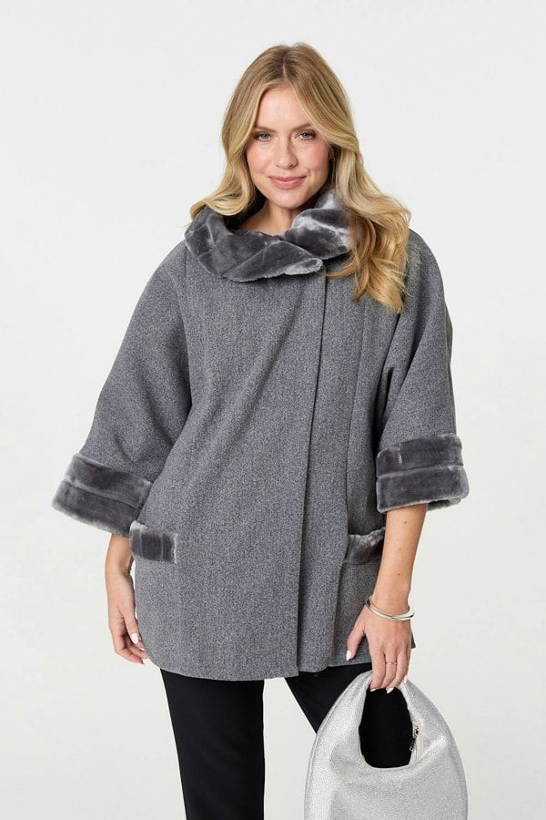 Grey | Faux Fur Trim 3/4 Sleeve Cape Coat
