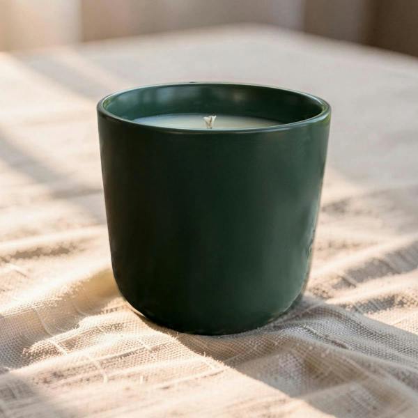 A dark green ceramic candle jar with a single wick, filled with white wax, resting on a textured beige linen cloth with soft natural light shadows.