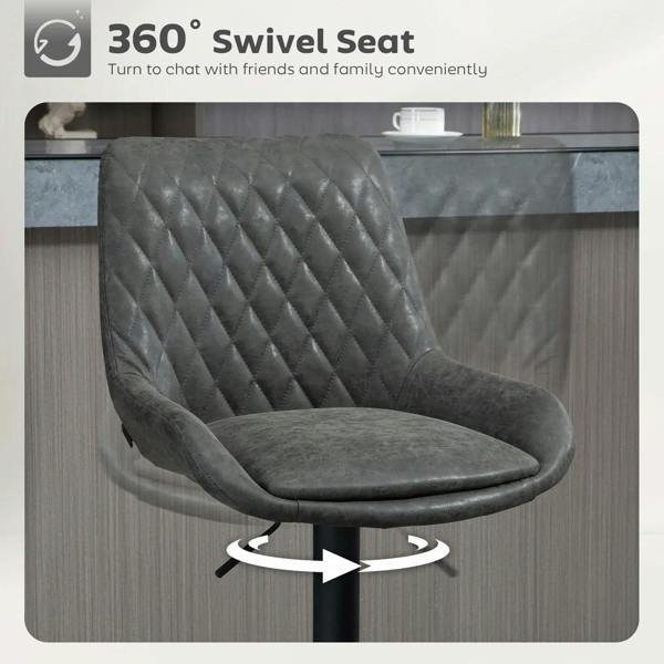 Dark grey quilted bar stool with 360° swivel seat and round footrest, height-adjustable