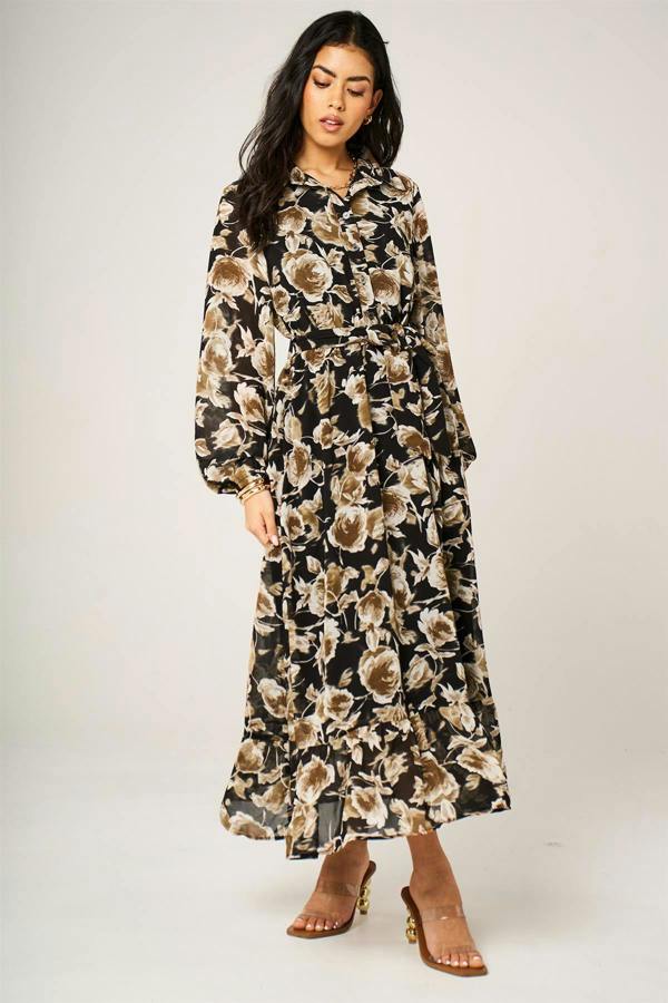 FS Collection Brown Floral Print Shirt Midi Dress In Black