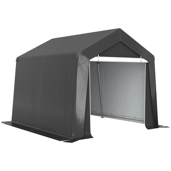 Dark grey portable outdoor storage shed tent with front window opening and metal frame