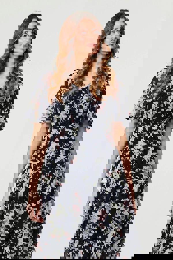 Navy | Floral Ruched Angel Sleeve Midi Dress