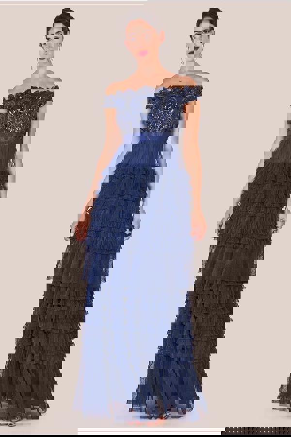 Scallop Bardot Ruffle Mesh Maxi - Navy DR3742