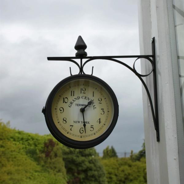The Garden Marketplace Double Sided Garden Clock in Black Metal with Mounting Bracket