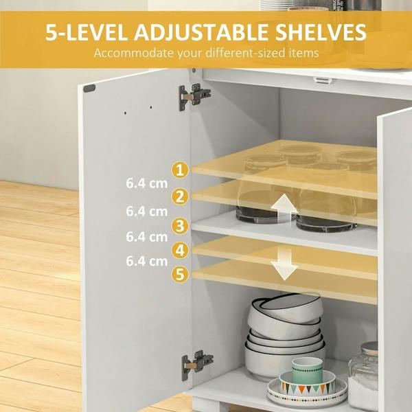 White cabinet interior with 5-level adjustable shelves and open door panels
