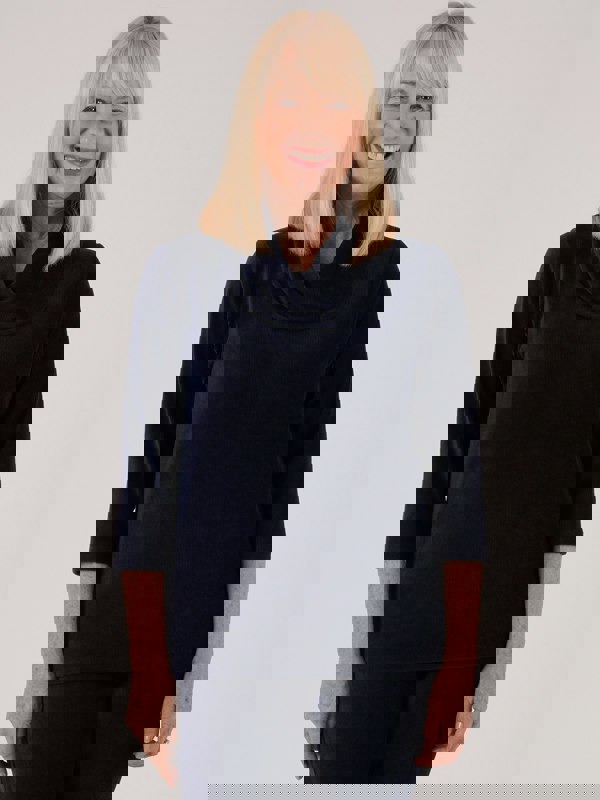 PennyPlain Ribbed Velour Cowl Neck Top- Navy