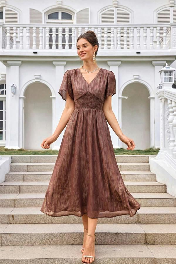FS Collection Angel Sleeve Gold Stripe Foil Midi Dress In Brown