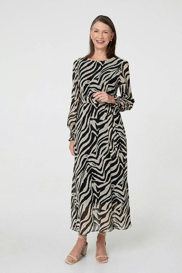 Black | Zebra Print Layered Tie Waist Maxi Dress
